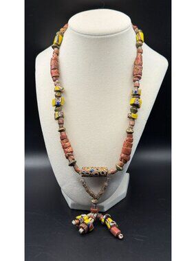 Vintage Boho Beaded Necklace Mixed Materials Brass Statement 21 Inch